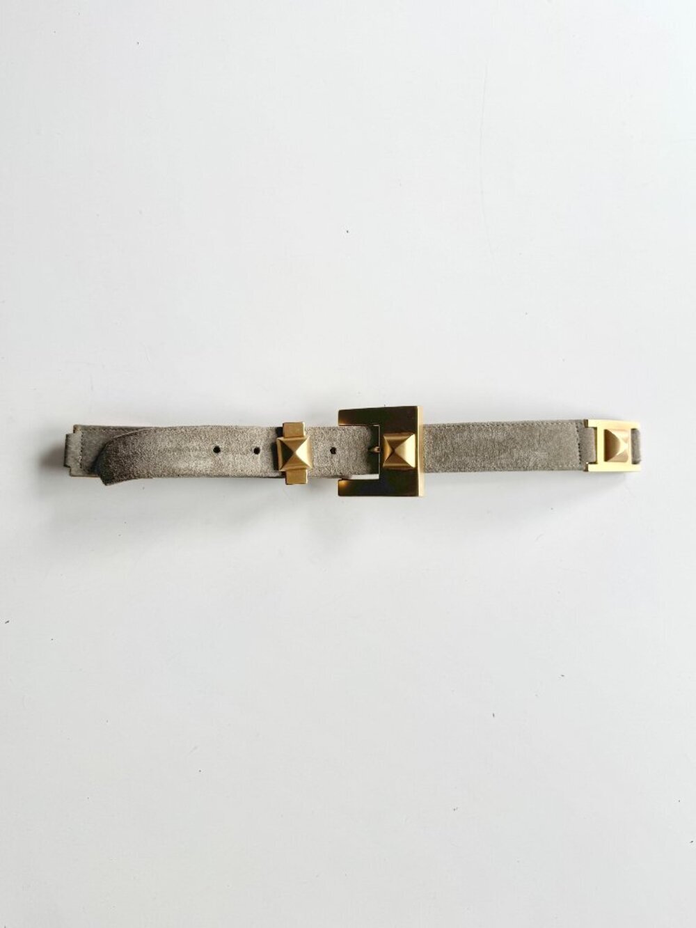 Vintage DANIER Taupe Grey Suede Leather Gold Pyramid Stud Belt, Size S